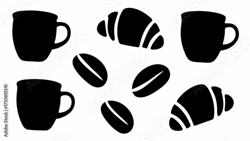 Breakfast joy with coffee cups, croissants, and beans, a modern silhouette design perfect for menus