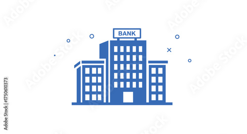 A modern blue bank building with the word bank on top.