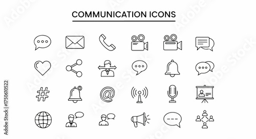 Modern line art communication and social media icons. Essential digital messaging, networking, and interactive interface elements for web and app design.