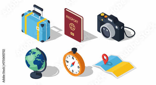 Isometric Travel Essentials: Suitcase, Passport, Camera, Globe, Compass, and Map for Global Adventures and Vacation Planning