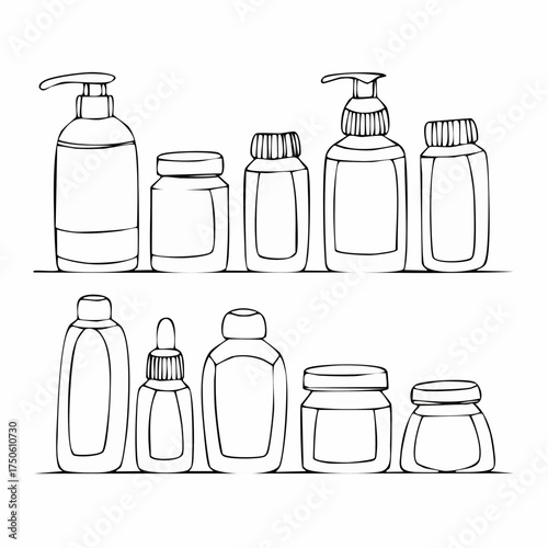 Line art illustration of various cosmetic and pharmaceutical containers.