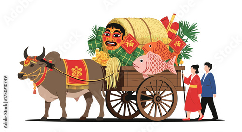 A festive ox-drawn cart carries a giant head of garlic and other symbolic items during a celebration.