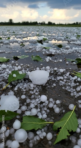 Hailstorm Aftermath - A Landscape of Ice and Damaged Vegetation.