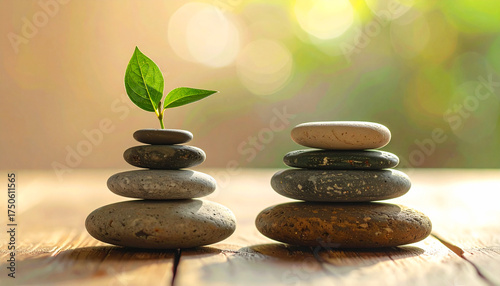 Stack of smooth river stones balanced in harmony with a small green plant sprouting on top, symbolizing growth, mindfulness, and balance in nature. Soft bokeh background creates a peaceful, zen
