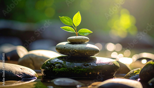 Stack of smooth river stones balanced in harmony with a small green plant sprouting on top, symbolizing growth, mindfulness, and balance in nature. Soft bokeh background creates a peaceful, zen