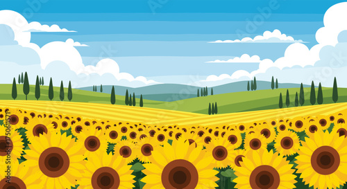A vibrant pixel art landscape showcasing a vast field of sunflowers under a bright blue sky with fluffy white clouds and rolling green hills in the distance.