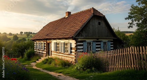 Wallpaper Mural Charming Rural Cottage with Traditional Architecture and Rustic Fence. Torontodigital.ca