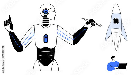 Human-thumbs up robot holding a spoon, launching a rocket, and supervising a remote worker with a laptop. Ideal for innovation, robotics, AI, space exploration, technology, futuristic concepts