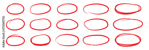 Hand drawn red circle highlight icon. Doodle vector on white background. Perfect for marking, annotating, or drawing attention to key areas in designs, presentations, or documents. Red circle icon