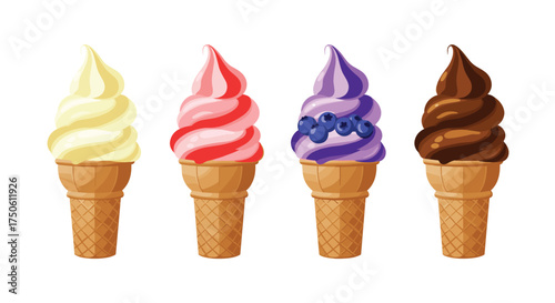 A delightful collection of four colorful soft serve ice cream cones on a white background featuring strawberry blueberry vanilla and chocolate flavors.