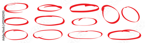 red pen hand drawn doodle marks, red circle and oval stroke set. Outline red drawing line clipart symbol