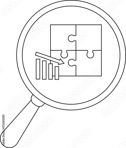 Magnifying glass focuses on a puzzle with a descending graph indicating analysis of a problem