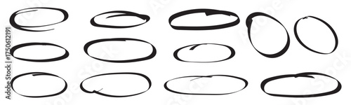 red pen hand drawn doodle marks, red circle and oval stroke set. Outline red drawing line clipart symbol