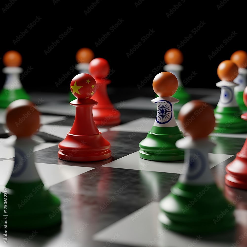 Naklejka premium Strategic Chess Game - India vs. Pakistan on the Board.