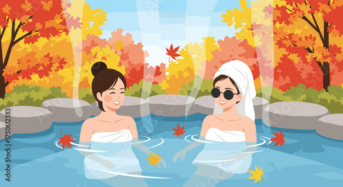 Two happy women enjoying a relaxing outdoor hot spring bath surrounded by autumn foliage.