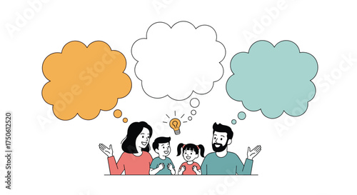 A family discusses ideas and communicates thoughts in a brainstorming session.