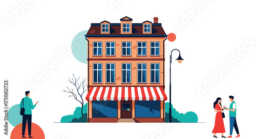 This illustration shows a charming two-story building with an awning and people interacting.