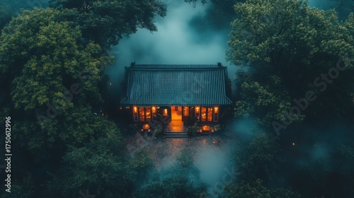 Serene traditional Asian temple surrounded by lush green trees and misty atmosphere du twilight creating a peaceful spiritual landscape scene