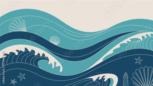 Stylized ocean waves with seashells and starfish in shades of blue and white illustration art