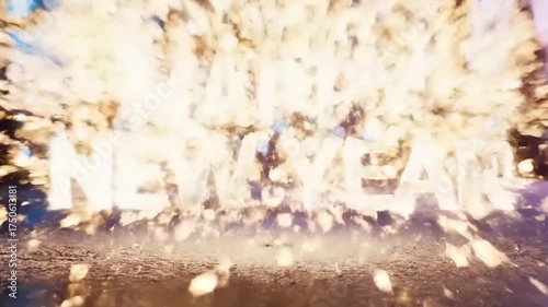 Festive Sparklers Explode on Ground with Blue Lights and People Dancing in Background, Happy New