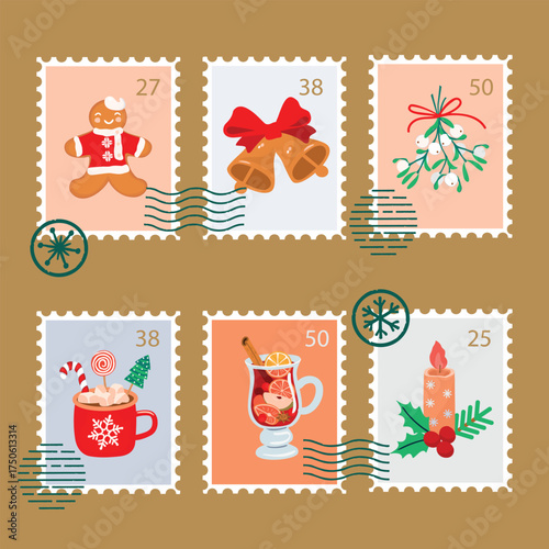 Christmas postage stamps collection with gingerbread man, bush of mistletoe, bells with a bow, mug of cocoa with marshmallows, candle with holly, mulled wine. Pink, red, beige, green colors. 