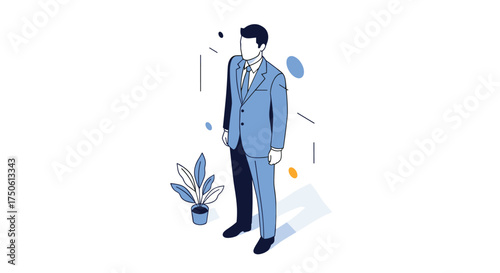 An animated illustration of a businessman in a suit standing thoughtfully with plants and shapes.