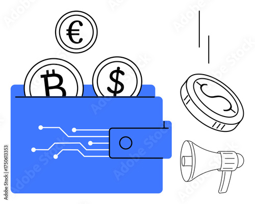 Blue digital wallet with Bitcoin, euro, and dollar coins, circuit lines, additional coin, and megaphone. Ideal for blockchain, finance, investment marketing fintech advertising simple flat
