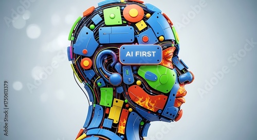 AI First - A Colorful Robotic Head Exploring Artificial Intelligence.