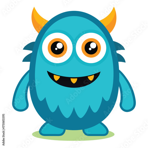 Cute blue monster with one big eye and horns cartoon