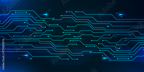 Futuristic digital circuit design with glowing blue lines and data flow. Abstract tech background for AI, blockchain, software development, and cyber security.