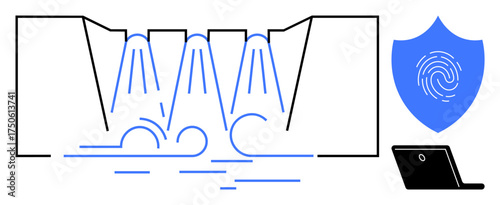 Flowing water from levees, fingerprint shield symbolizing security, and laptop. Ideal for cybersecurity, data protection, secure systems, technology, identity verification, online safety simple flat