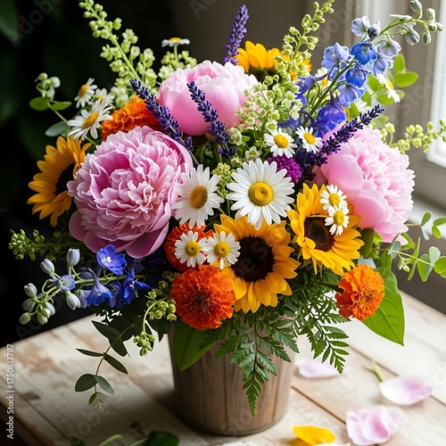 Vibrant Floral Arrangement - Peonies, Sunflowers, and Daisies in Bloom.