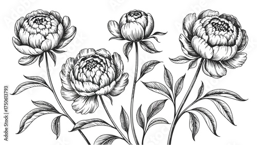 A detailed black and white drawing of several peony flowers with leaves and stems on a white background