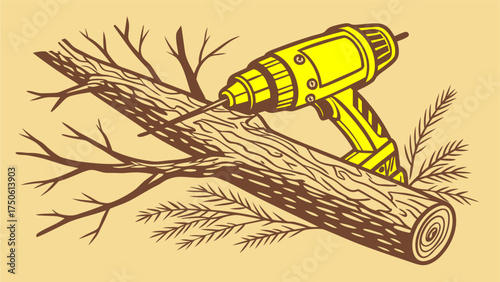 A yellow power drill boring into a brown log with branches and pine needles on a beige background
