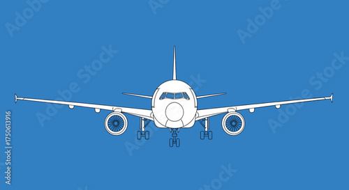 The front view of a modern passenger jetliner on a clear blue sky.