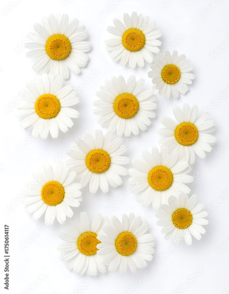 Fototapeta premium Delicate white daisies scattered on white background