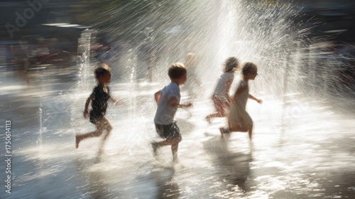 Children running through water fountain