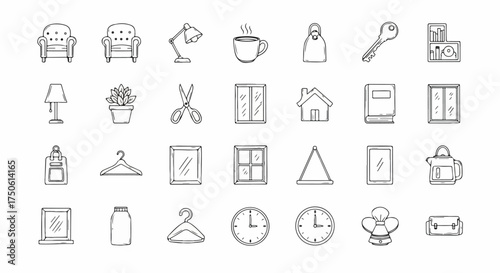 Hand-drawn Doodle Icons: A Comprehensive Collection of Everyday Objects and Household Items for Home, Office, and Lifestyle Essentials