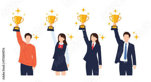 Team members celebrating successful project completion with trophies and shining stars.