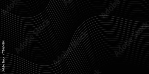 Black abstract background design. Modern wavy line pattern (guilloche curves) in monochrome colors. Premium stripe texture