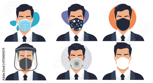 Illustrations of various face coverings worn by men to protect against viruses.