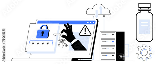 Laptop screen displays password entry, lock, and warning symbols with hand holding keys. Background shows cloud, servers, and gear. Ideal for security, data protection, technology risk privacy IT