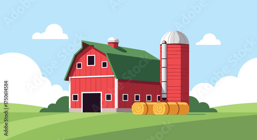 A vibrant red barn and silo stand tall on a grassy farm under a bright blue sky.