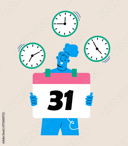 Organizing and managing time concept. Woman standing holding calendar. Colorful vector illustration