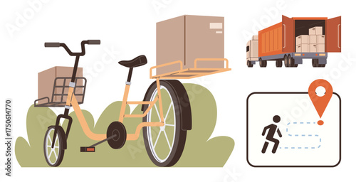 Cargo bike with packages, freight truck loaded with boxes, and location pin with route. Ideal for logistics, delivery, e-commerce, sustainability, urban transport, courier service simple flat