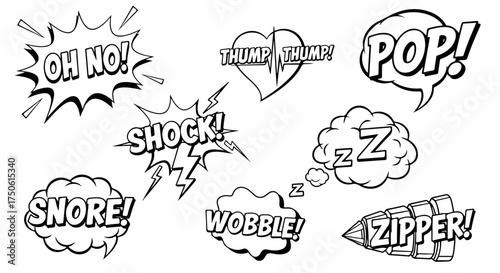 Black and white comic book style sound effects and exclamations, including OH NO!, SHOCK!, POP!, SNORE!, WOBBLE!, ZIPPER!, and THUMP THUMP! for dynamic design.