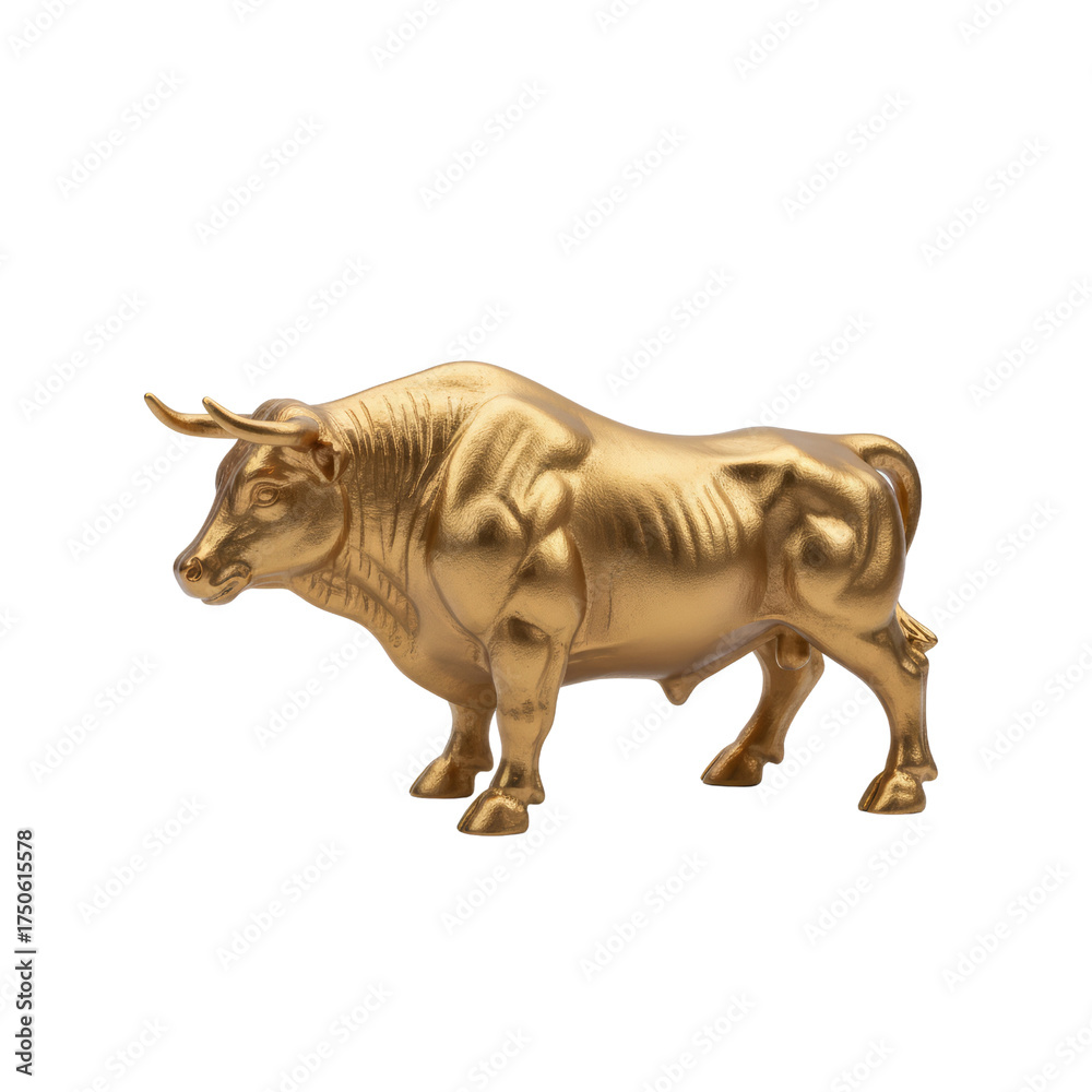 Fototapeta premium Gleaming golden bull sculpture stands powerfully in the quiet, creating an air of strength and