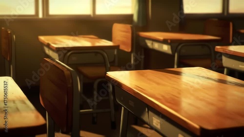 Wallpaper Mural Empty classroom with school desks in warm sunlight, creating a nostalgic scene of education, learning and student life in a study hall or lecture room Torontodigital.ca