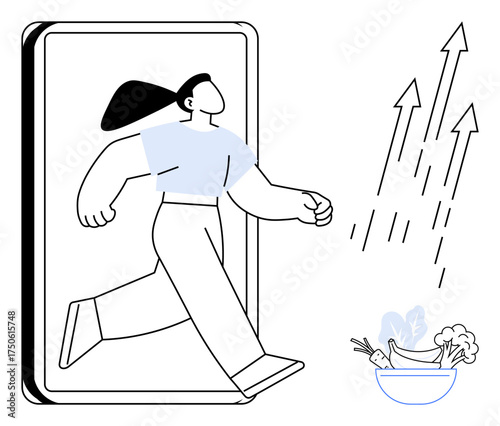 Woman strides confidently out of a digital frame toward progress, symbolized by upward arrows and a bowl of fresh vegetables and fruits. Ideal for personal growth, health, wellness, digital