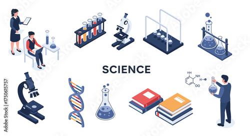 A collection of isometric science illustrations depicting research and discovery.